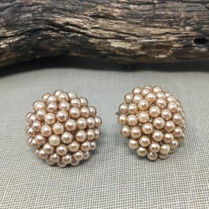 Faux Cream Seed Pearl Inlay Round Cluster Dome Button Silver Tone Stud Earrings